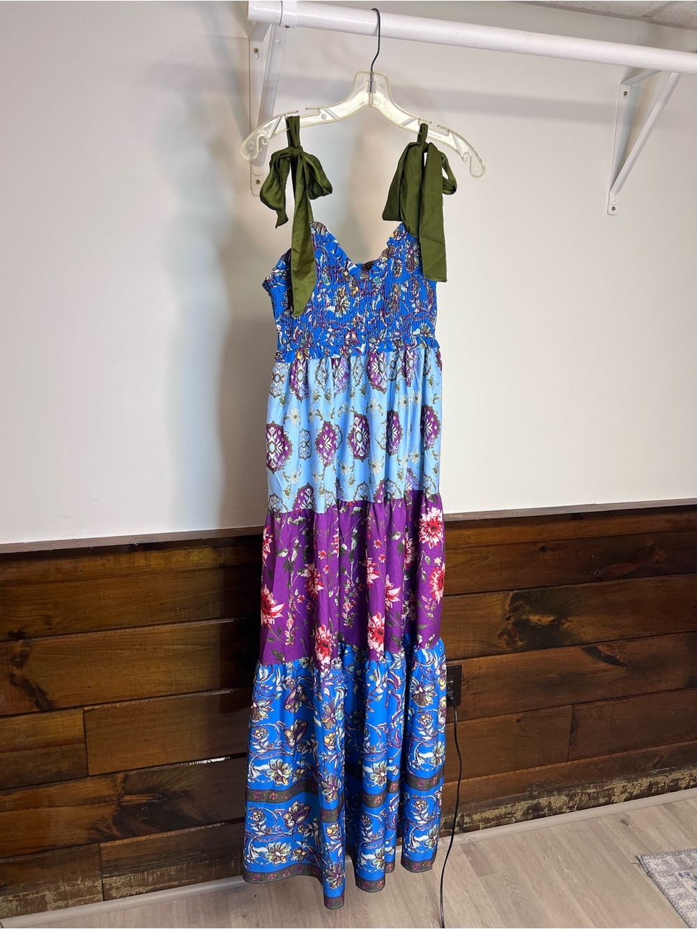 Boho Tie-Shoulder Tiered Maxi Dress in Blue, Purple & Olive- Small